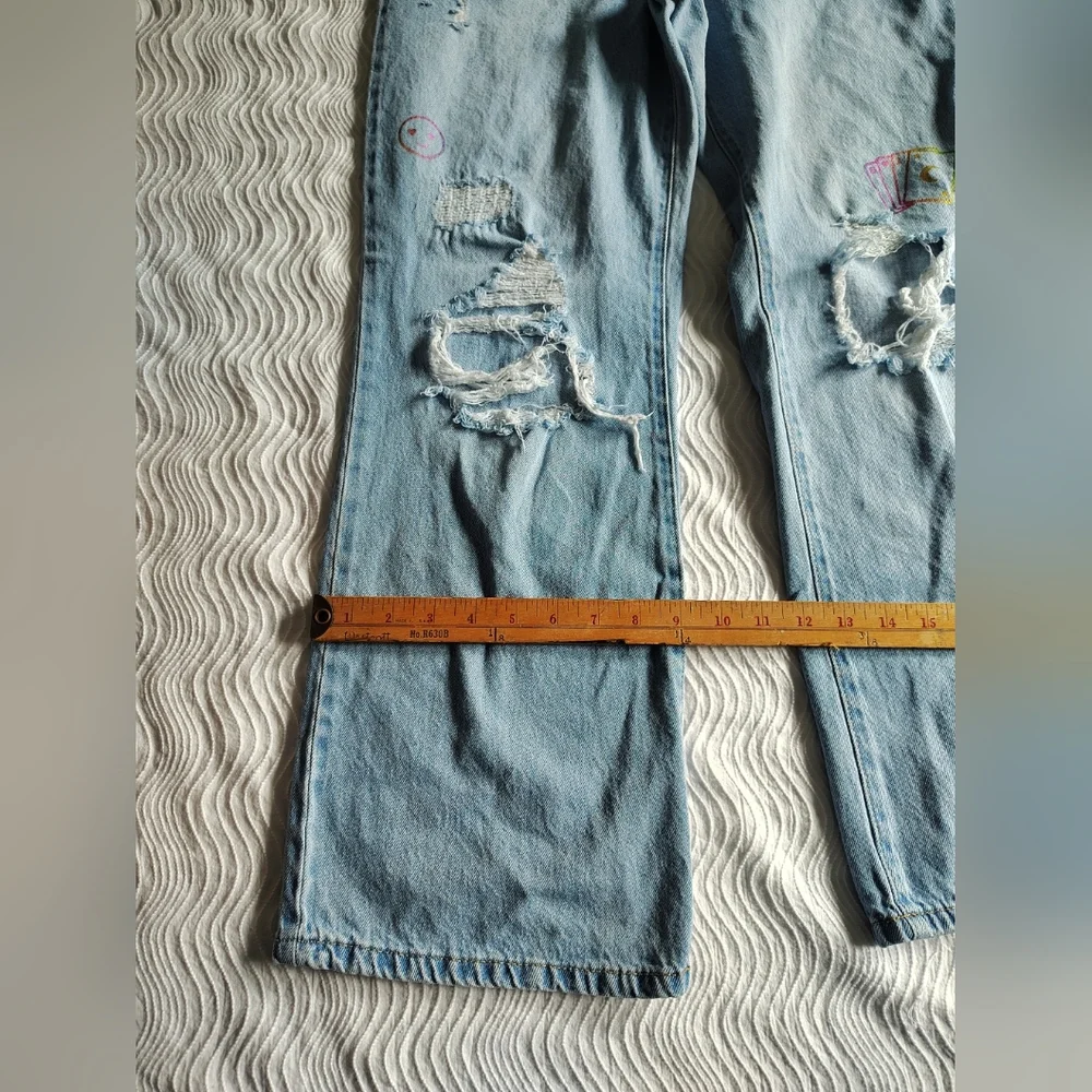 Sugar And Jade Wide Leg Jeans Size 16 Light Blue Girls Emoji Print Destroyed